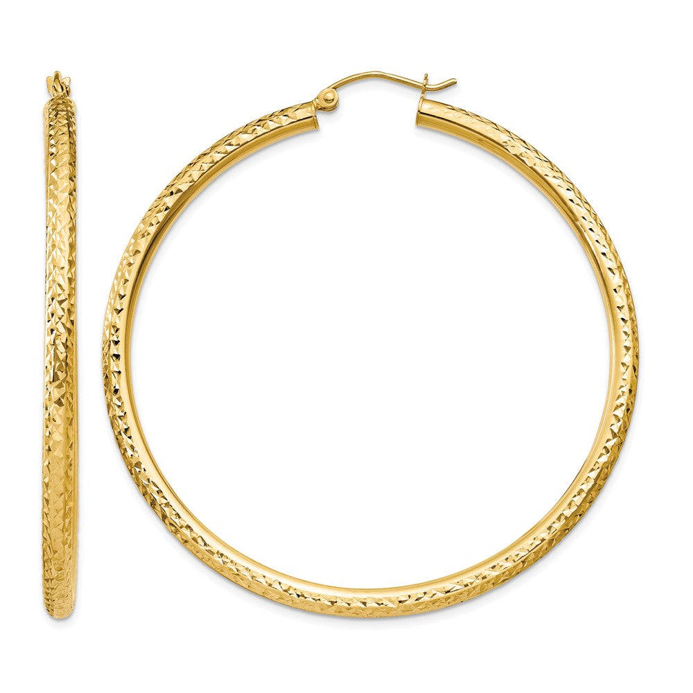 14k 3x55mm Diamond-cut Round Tube Hoop Earrings