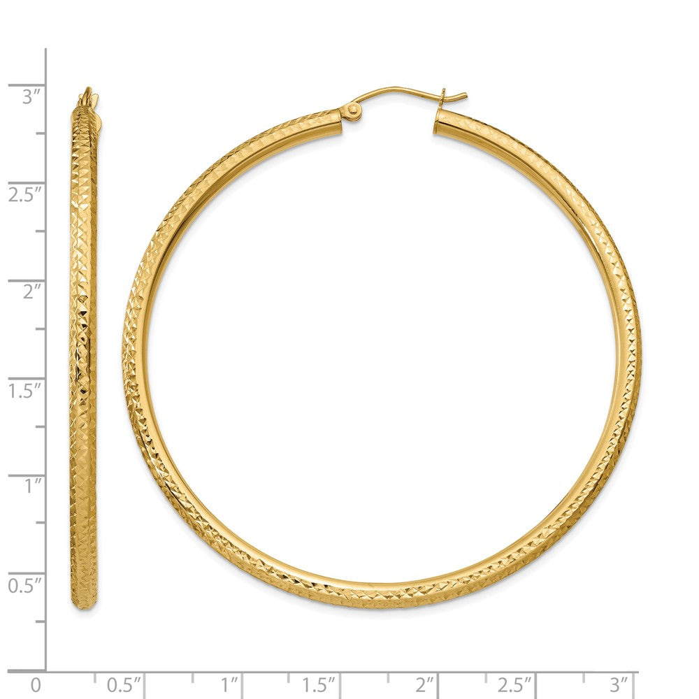 14k 3x60mm Diamond-cut Round Tube Hoop Earrings