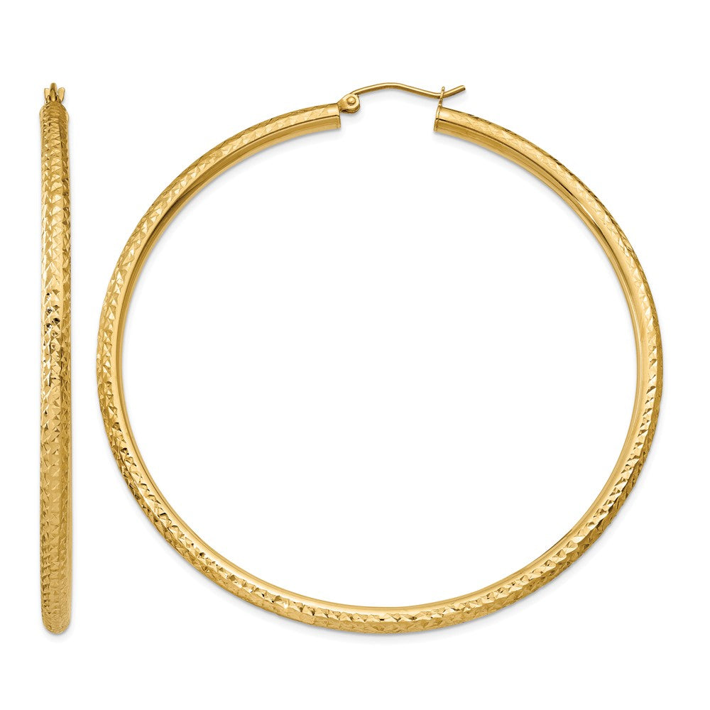 14k 3x65mm Diamond-cut Round Tube Hoop Earrings