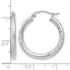 14k White Gold 3x24mm Satin Diamond-cut Round Tube Hoop Earrings
