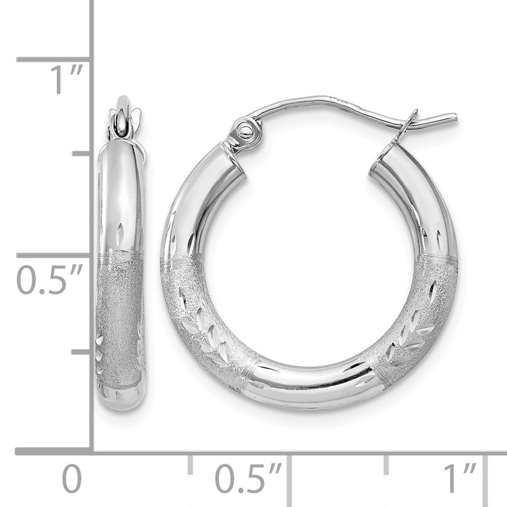14k White Gold 3x18mm Satin Diamond-cut Round Tube Hoop Earrings