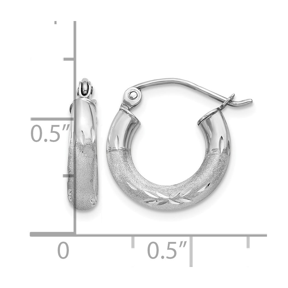 14k White Gold 3x13mm Satin Diamond-cut Round Tube Hoop Earrings