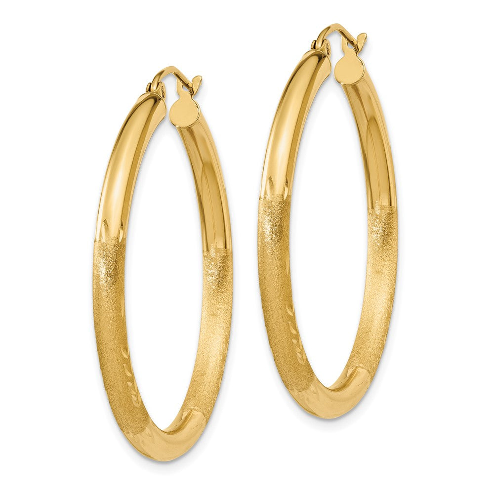 14k 3x35mm Satin Diamond-cut Round Tube Hoop Earrings
