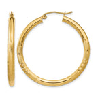 14k 3x35mm Satin Diamond-cut Round Tube Hoop Earrings