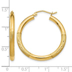 14k 3x30mm Satin Diamond-cut Round Tube Hoop Earrings