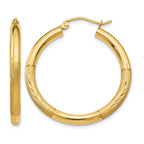 14k 3x30mm Satin Diamond-cut Round Tube Hoop Earrings