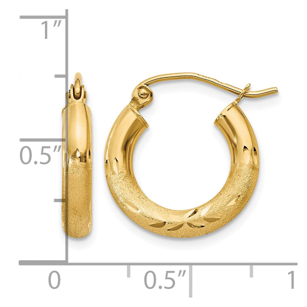 14k 3x16mm Satin Diamond-cut Round Tube Hoop Earrings