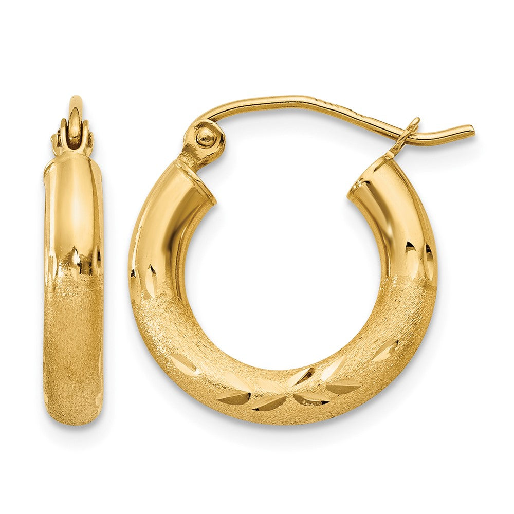 14k 3x16mm Satin Diamond-cut Round Tube Hoop Earrings