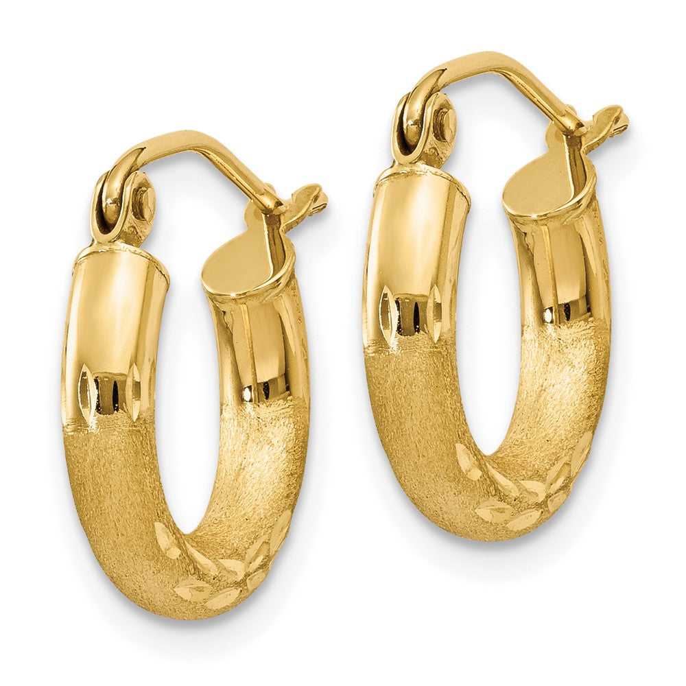 14k 3x14mm Satin Diamond-cut Round Tube Hoop Earrings