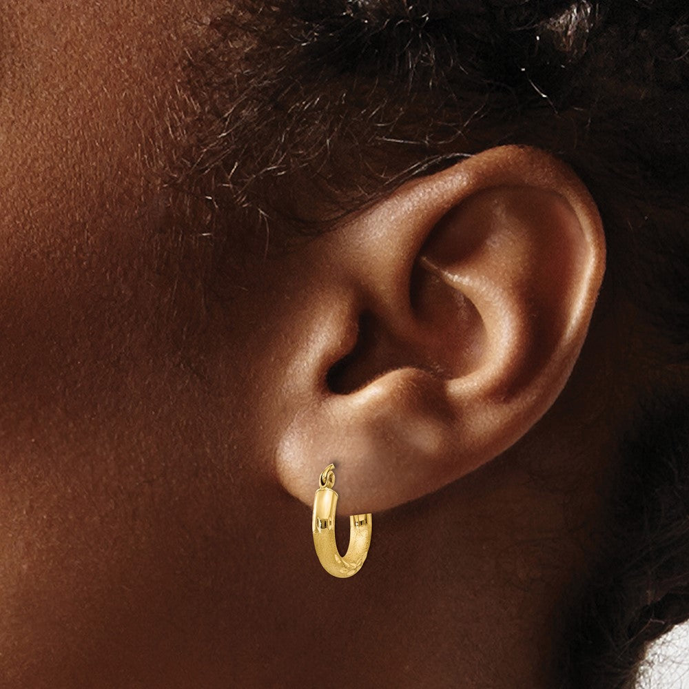 14k 3x14mm Satin Diamond-cut Round Tube Hoop Earrings