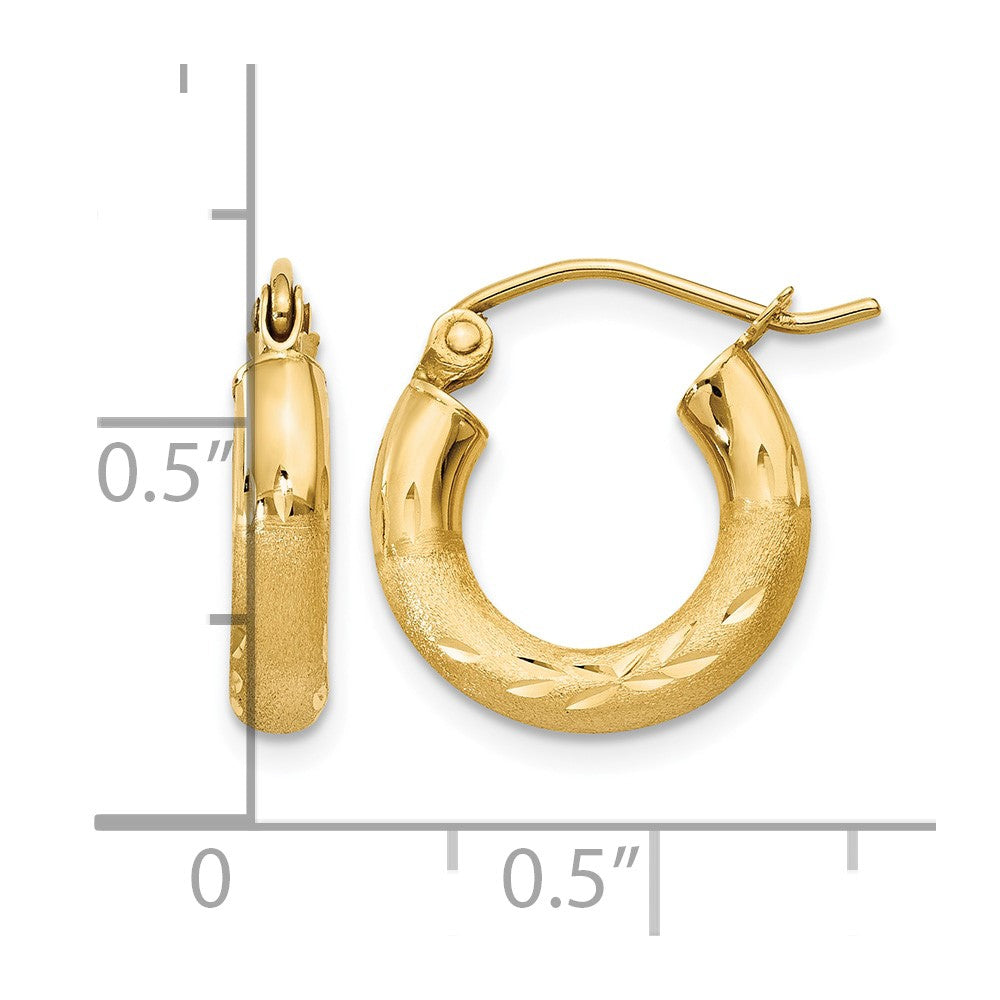 14k 3x14mm Satin Diamond-cut Round Tube Hoop Earrings