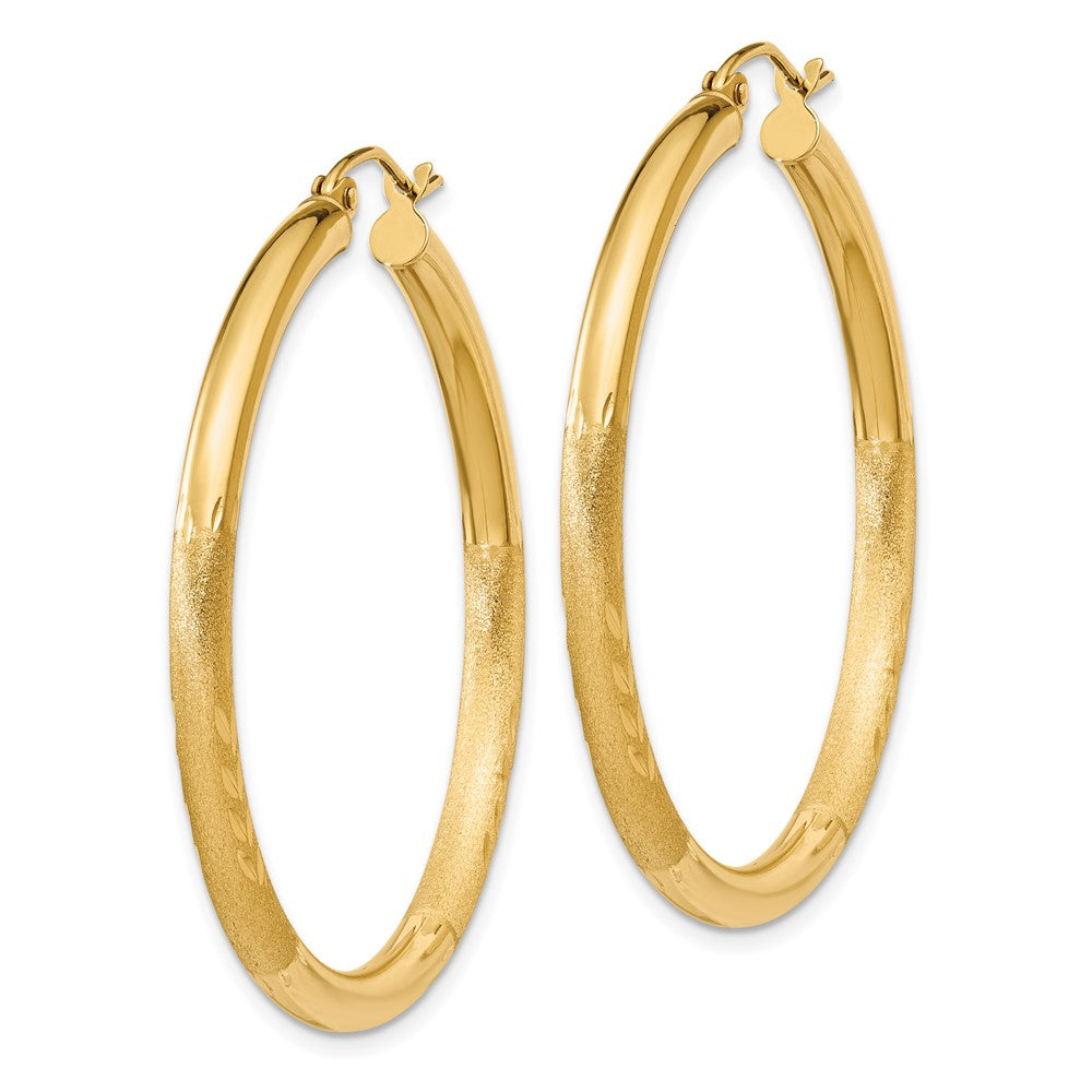 14k 3x40mm Satin Diamond-cut Round Tube Hoop Earrings