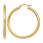 14k 3x40mm Satin Diamond-cut Round Tube Hoop Earrings