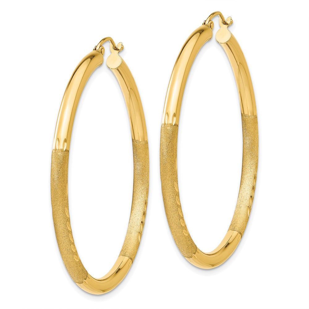 14k 3x45mm Satin Diamond-cut Round Tube Hoop Earrings