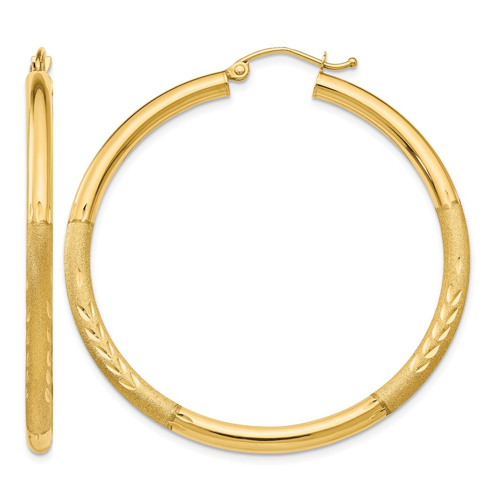 14k 3x45mm Satin Diamond-cut Round Tube Hoop Earrings