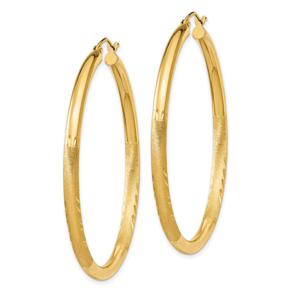 14k 3x50mm Satin Diamond-cut Round Tube Hoop Earrings