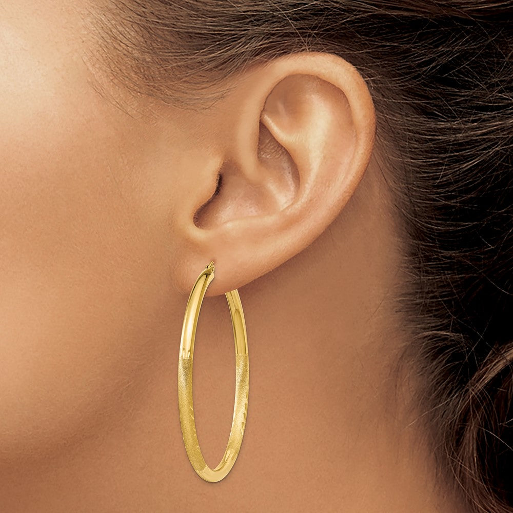 14k 3x50mm Satin Diamond-cut Round Tube Hoop Earrings