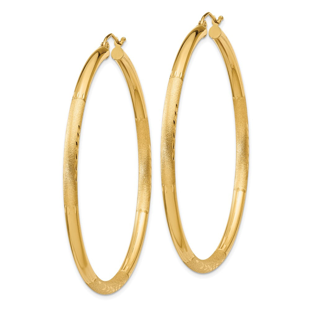 14k 3x55mm Satin Diamond-cut Round Tube Hoop Earrings