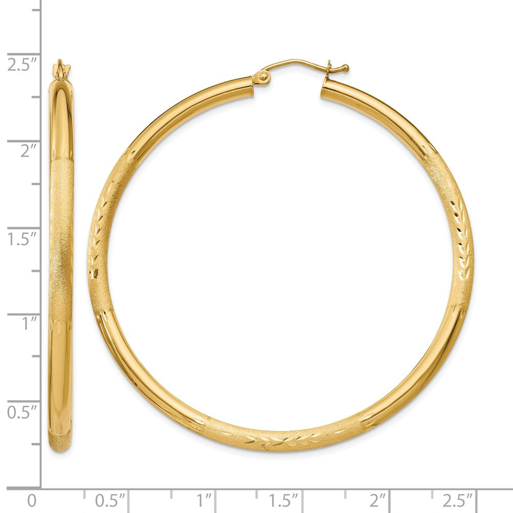 14k 3x55mm Satin Diamond-cut Round Tube Hoop Earrings