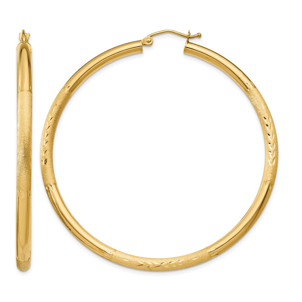 14k 3x55mm Satin Diamond-cut Round Tube Hoop Earrings