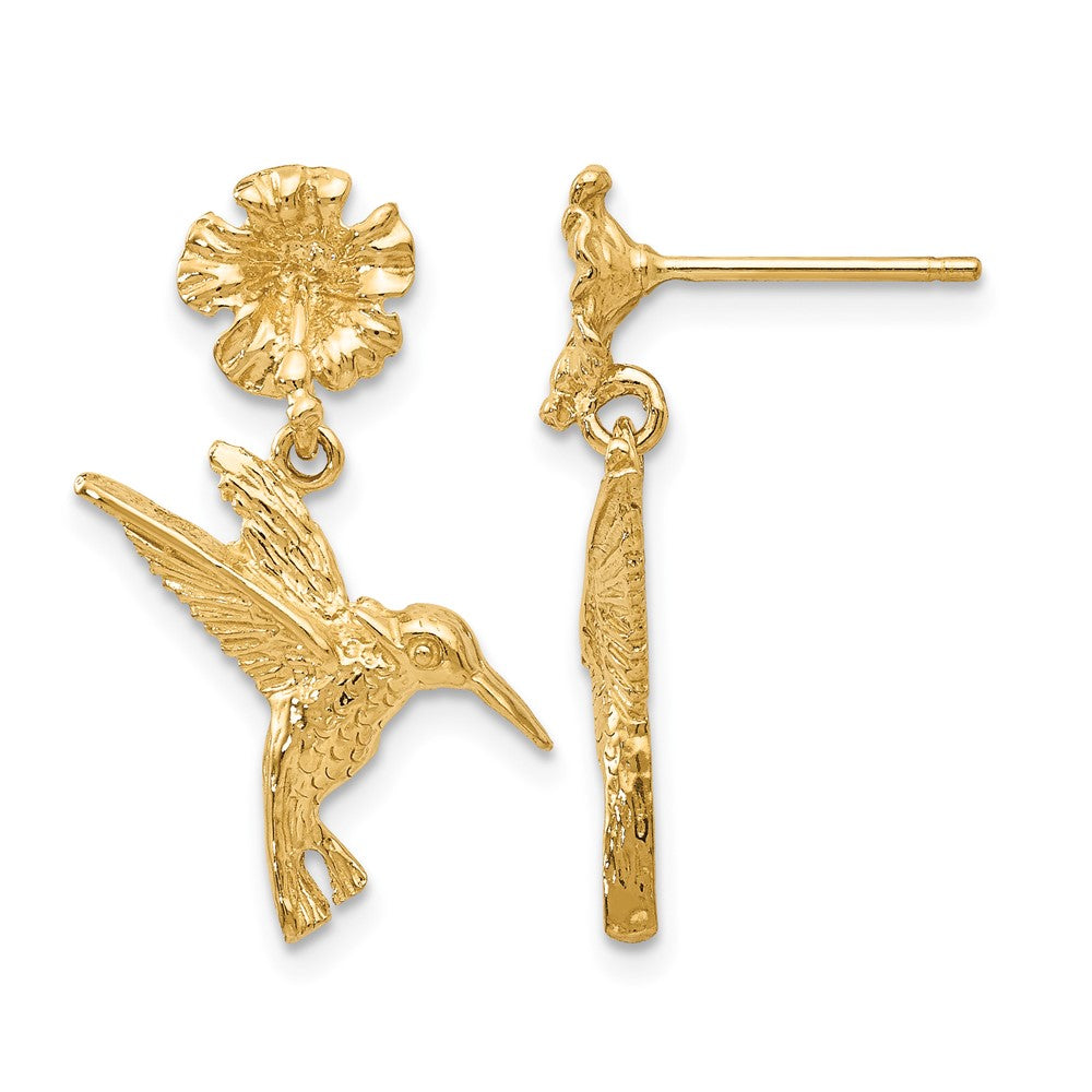 14k Hummingbird Dangles from Flower Post Earrings