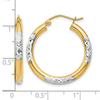 14K and Rhodium Diamond-cut 3x25mm Hoop Earrings