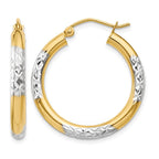 14K and Rhodium Diamond-cut 3x25mm Hoop Earrings