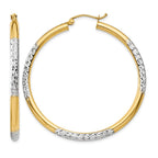 14K and Rhodium Diamond-cut 3x45mm Hoop Earrings