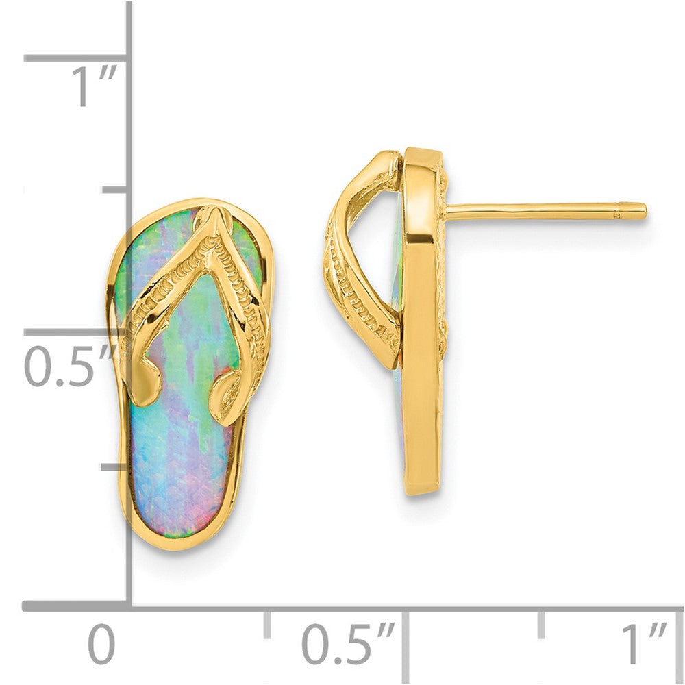 14k Polished with Lab Created White Opal Flip-Flop Post Earrings