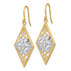 14K and White Rhodium Diamond-Shape Filigree Dangle French Hook Earrings