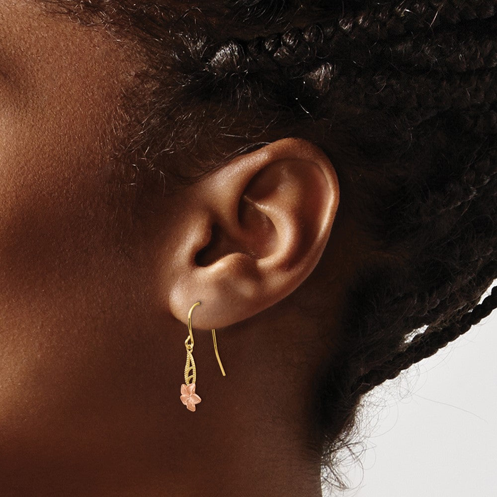 14K Two-tone Fancy Plumeria Dangle French Wire Earrings