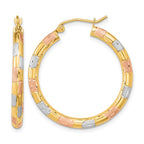 14k w/ White and Rose Rhodium Polished Satin Diamond-cut Hoop Earrings