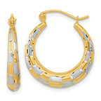 14k White Rhodium Polished Satin Diamond-cut Hoop Earrings