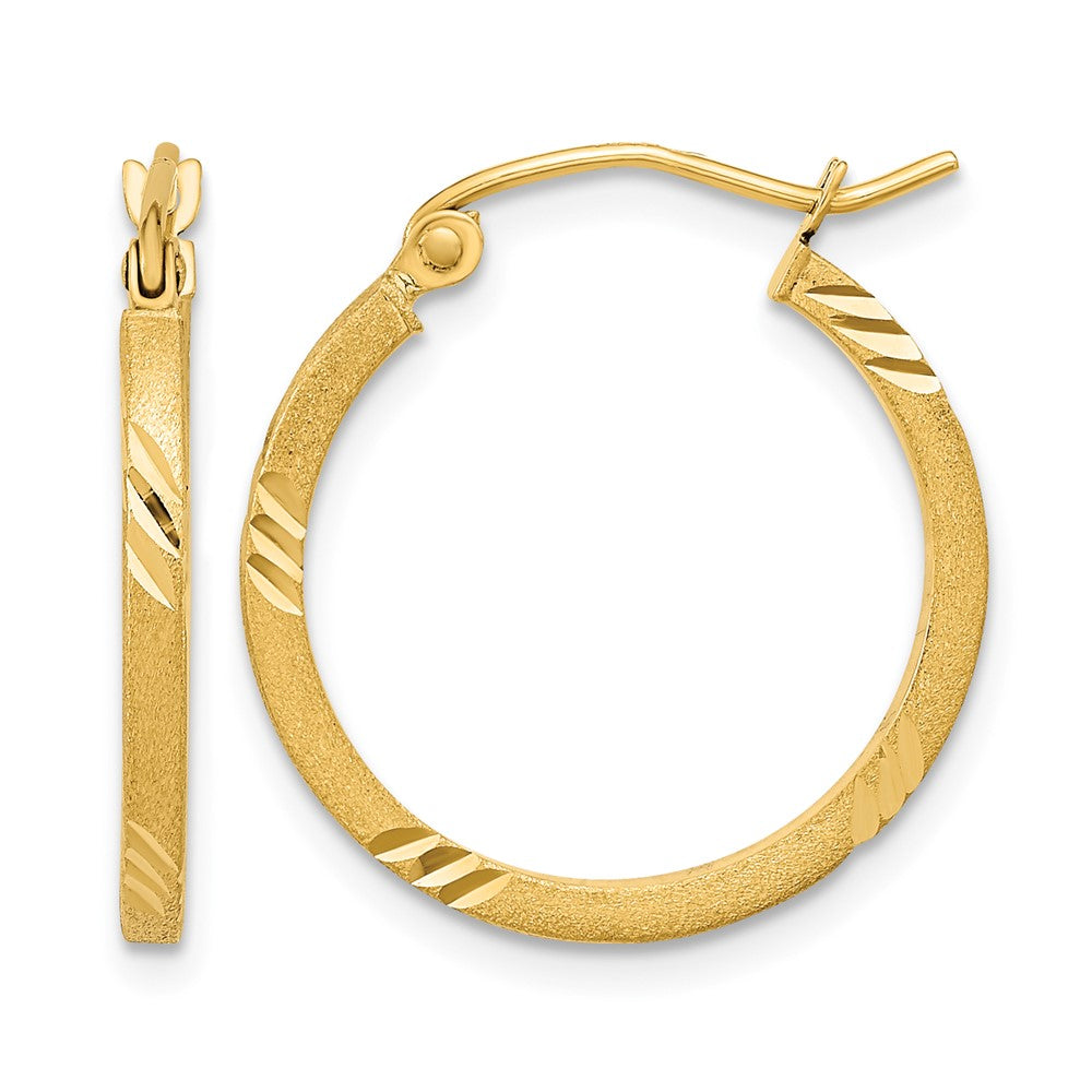 14k 1.75x21mm Satin Diamond-cut Square Tube Hoop Earrings
