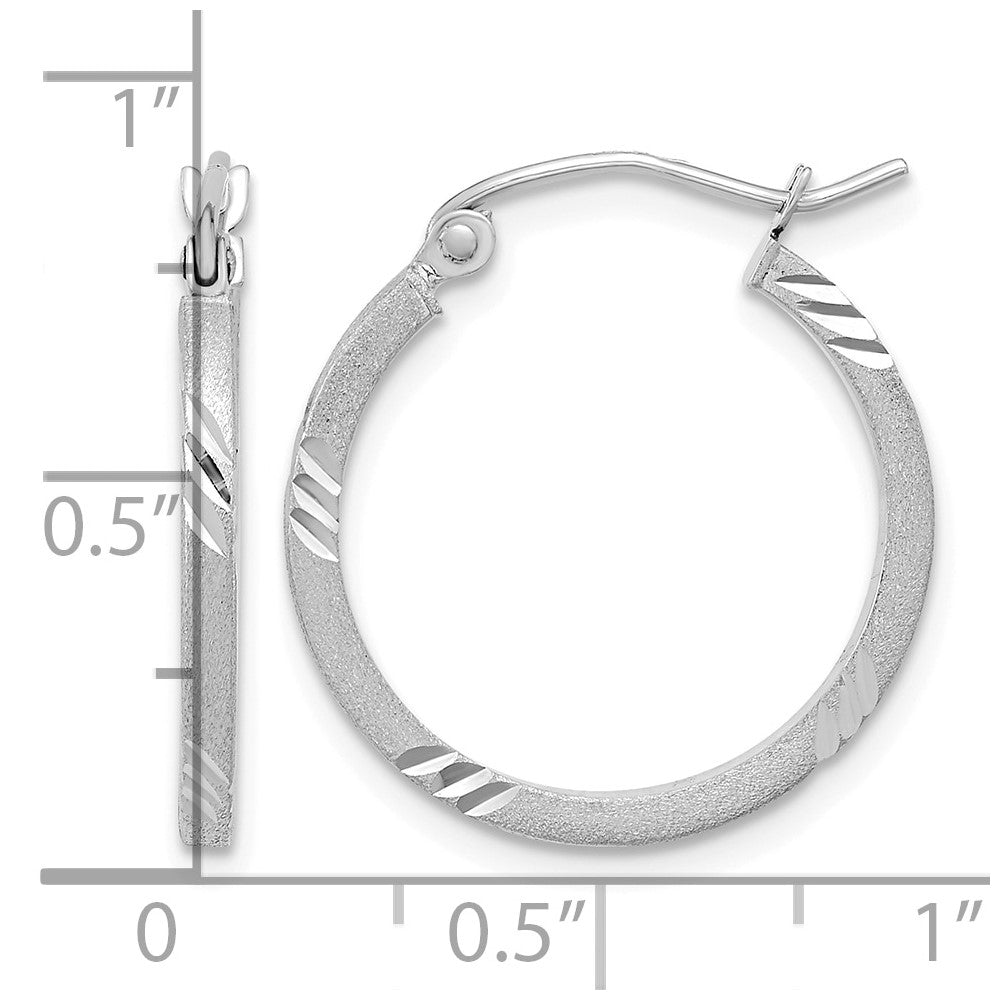 14k White Gold 1.75x21mm Satin Diamond-cut Square Tube Hoop Earrings