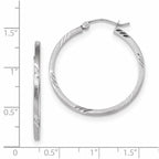 14k White Gold 1.75x30mm Satin Diamond-cut Square Tube Hoop Earrings