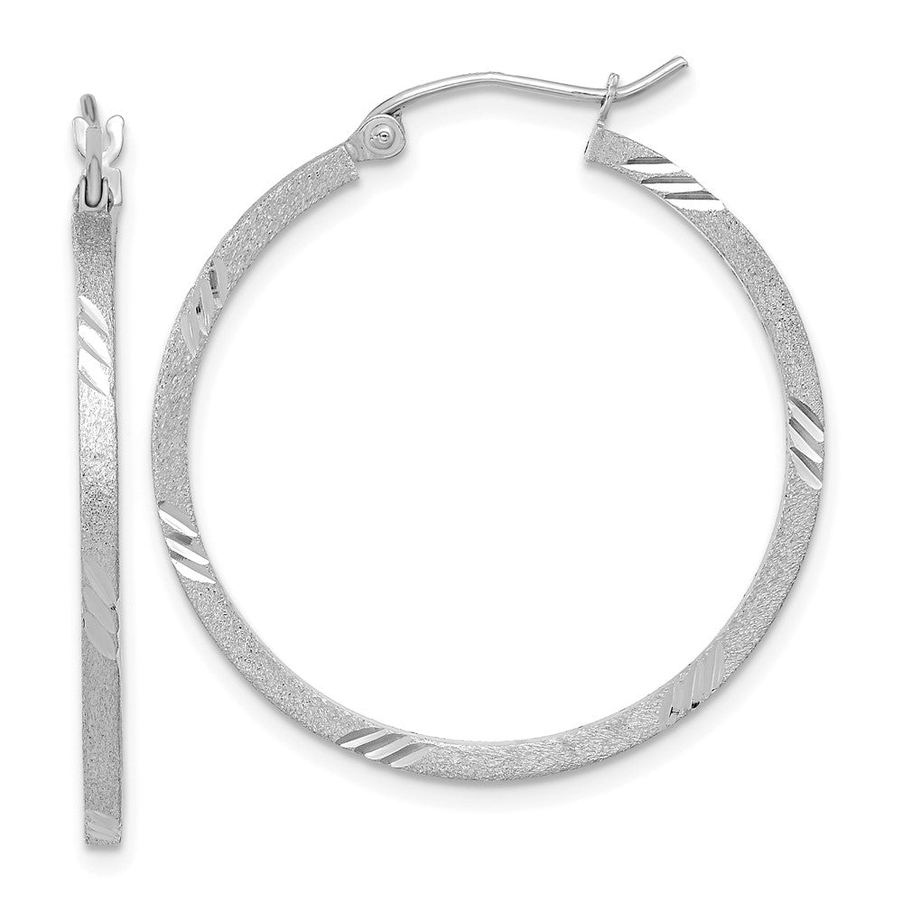 14k White Gold 1.75x30mm Satin Diamond-cut Square Tube Hoop Earrings