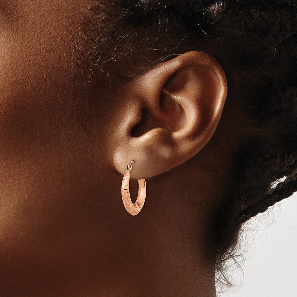 14K Rose Gold 3.25x18mm Textured Tapered Hollow Hoop Earrings