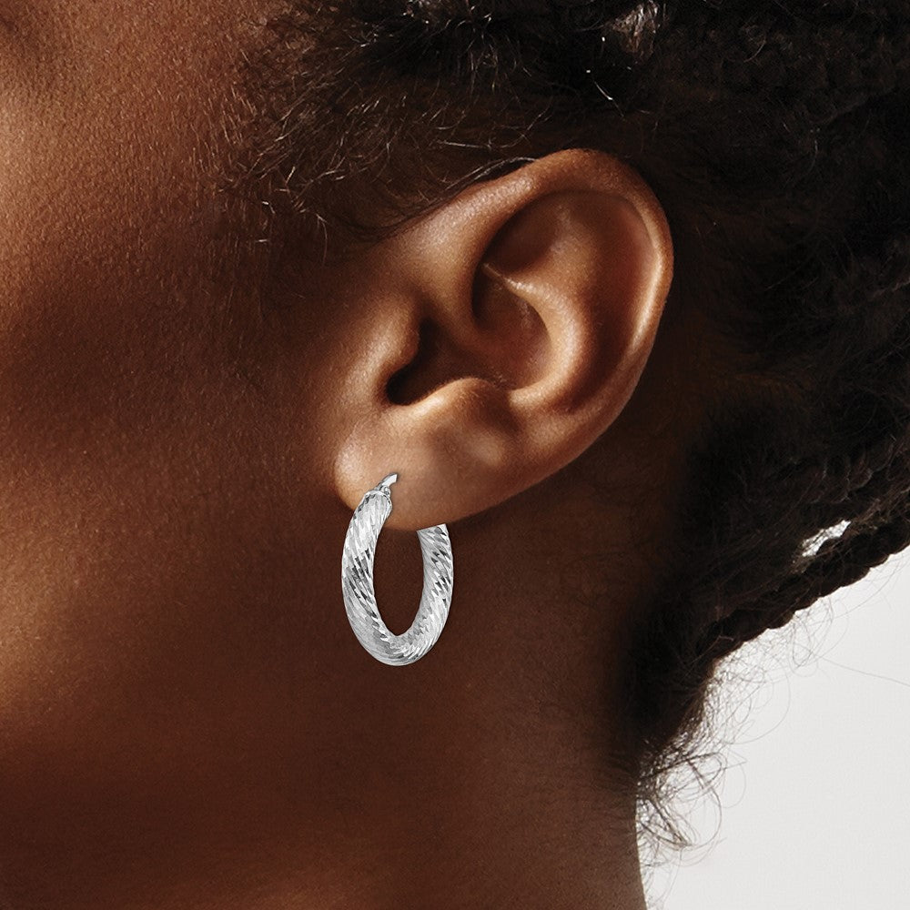 14k White Gold 4x22mm Diamond-cut Round Tube Hoop Earrings