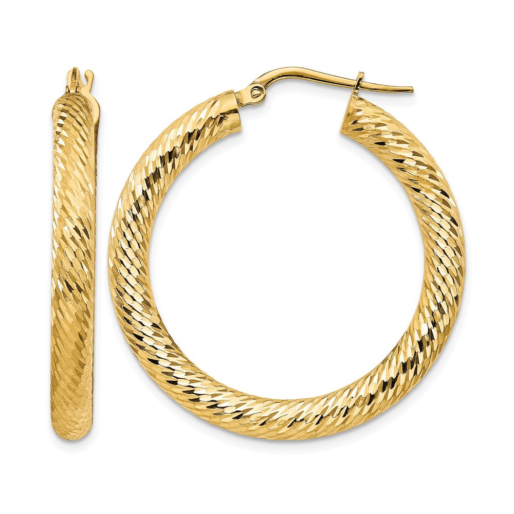 14k 4x35mm Diamond-cut Round Tube Hoop Earrings
