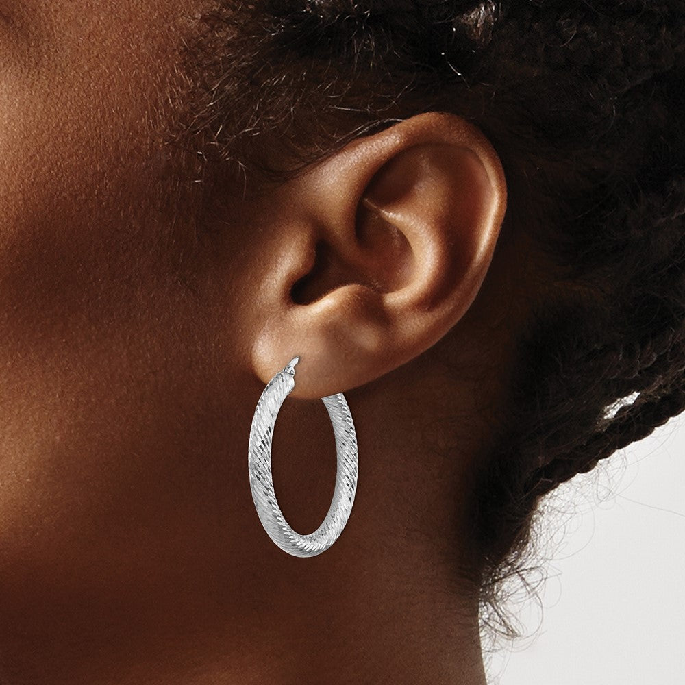 14k White Gold 4x35mm Diamond-cut Round Tube Hoop Earrings
