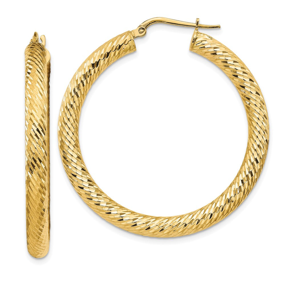 14k 4x40mm Diamond-cut Round Tube Hoop Earrings