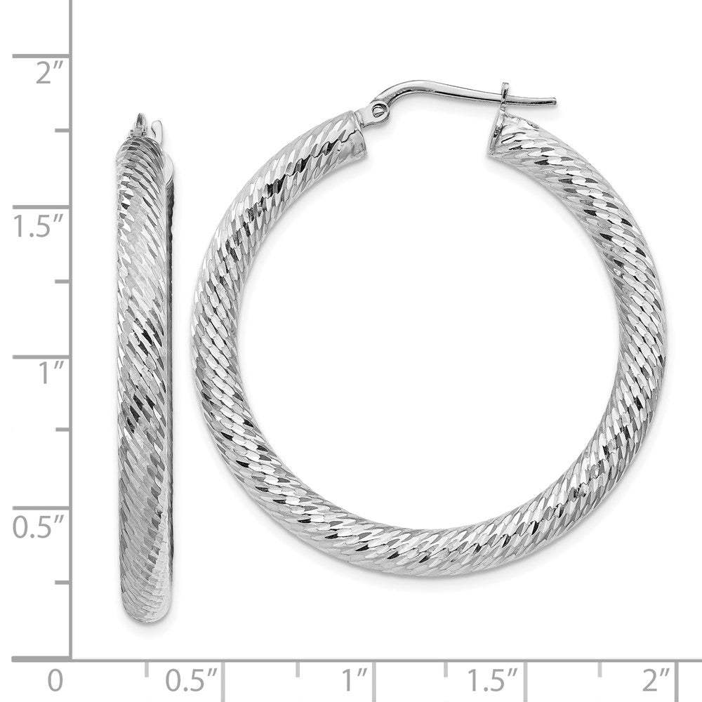 14k White Gold 4x40mm Diamond-cut Round Tube Hoop Earrings