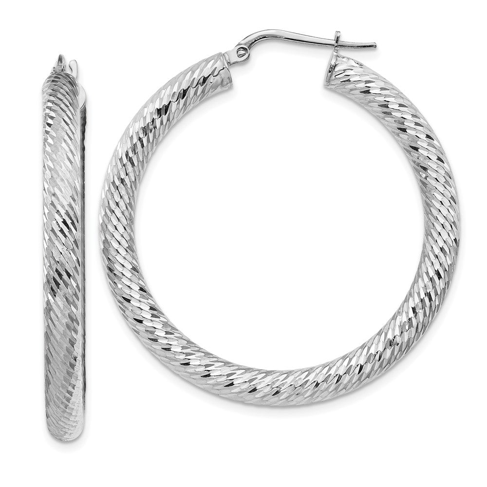 14k White Gold 4x40mm Diamond-cut Round Tube Hoop Earrings