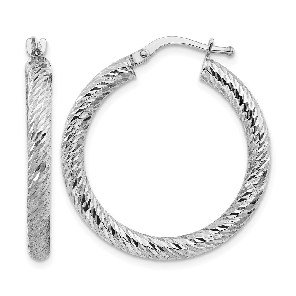 14k White Gold 3x27mm Diamond-cut Round Tube Hoop Earrings