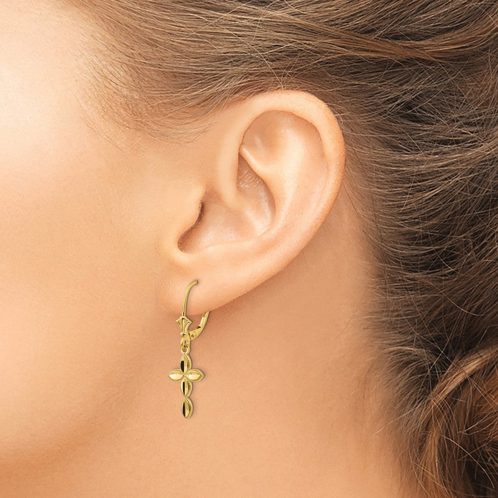 14k Diamond-cut Fancy Cross Dangle Leverback Earrings