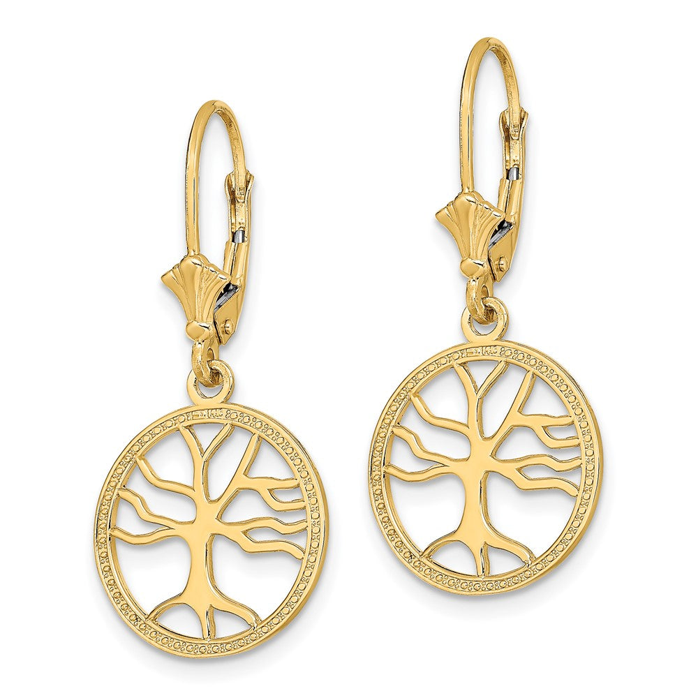 14K Tree of Life In Round Frame Dangle Leverback Earrings