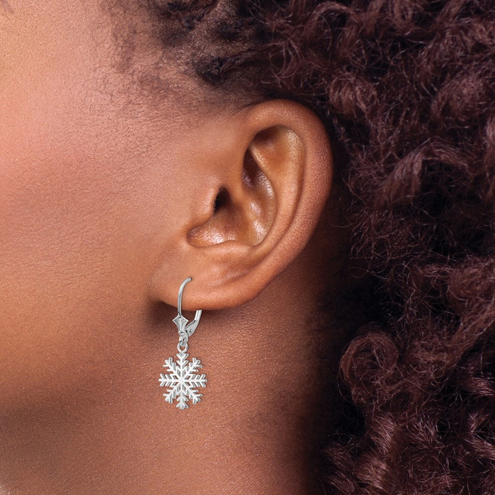 14K White Gold Snowflake Dangle Leverback Earrings