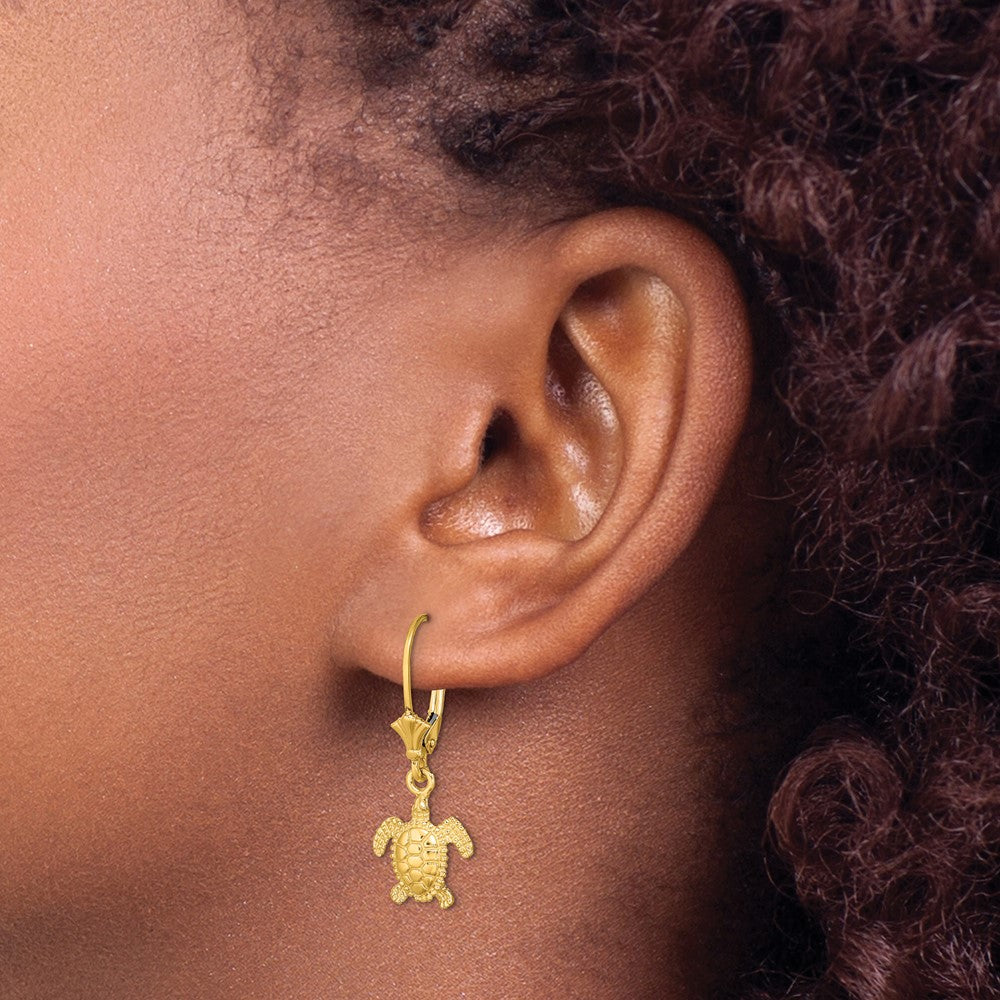 14K 3-D Polished Mini Sea Turtle Dangle Leverback Earrings