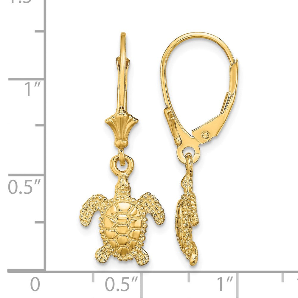 14K 3-D Polished Mini Sea Turtle Dangle Leverback Earrings